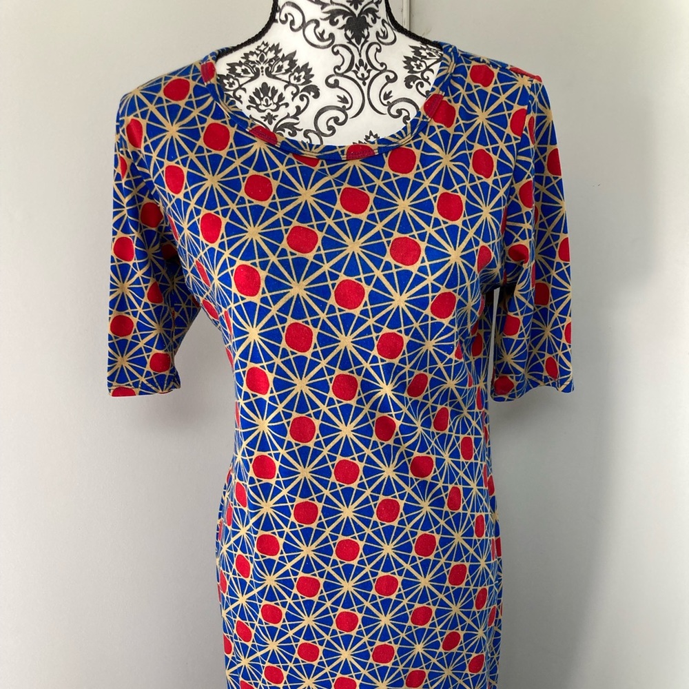 LulaRoe Julia Dress, size L, used, blue, red, gold.